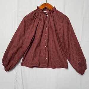 Anthropologie Cleobella Antonia Brown 100% Cotton Ballon Sleeve Peasant Blouse